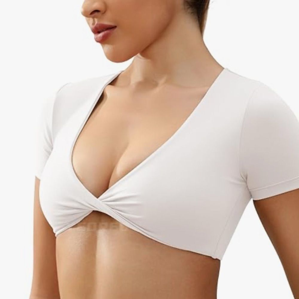 Crop Tops Short Sleeve Twist Front Crop Tank Top Padded Sports Bra Casual Shirts